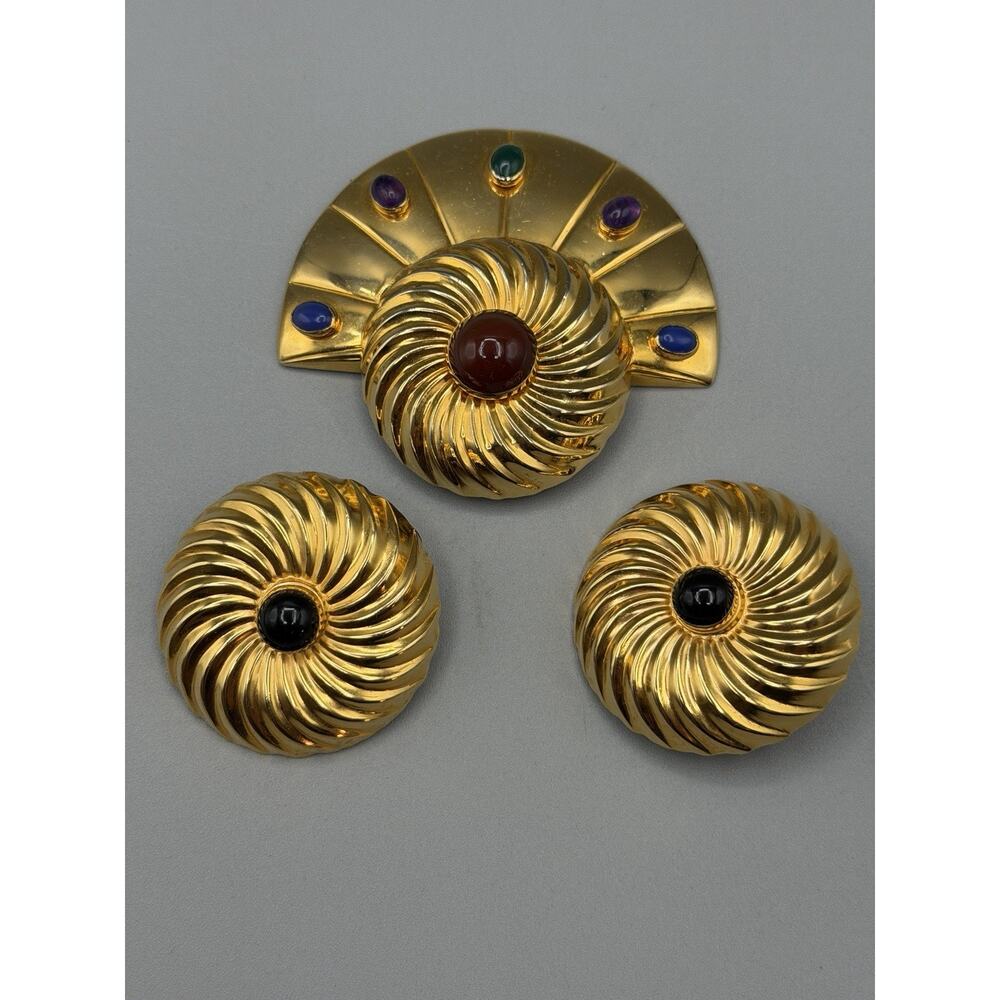 VINTAGE TULLA BOOTH BROOCH EARRINGS SET SEMI‎ PRECIOUS STONES #990